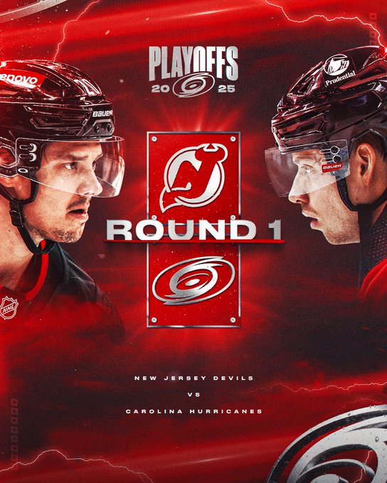 Graphic announcing the Canes playing the Devils in Round 1 of the playoffs 