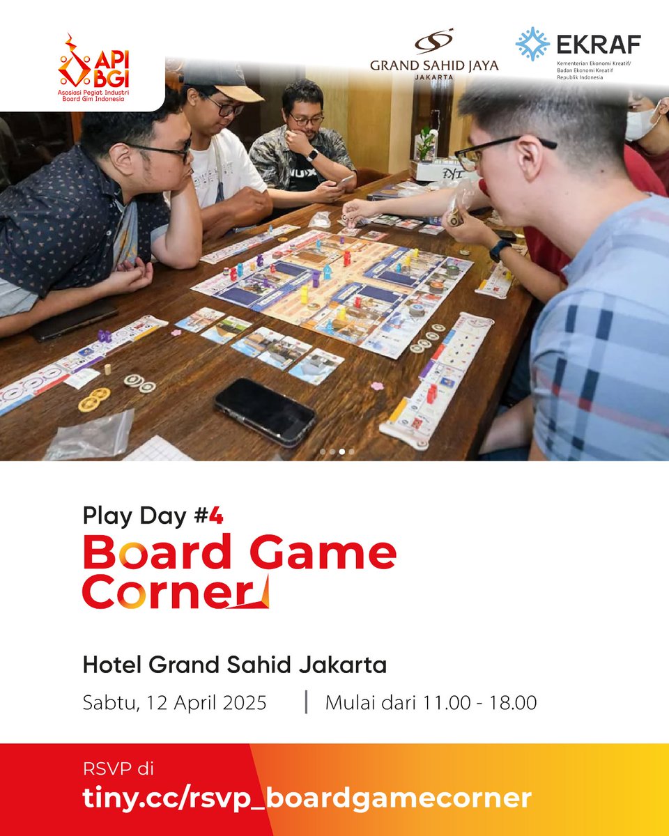 mahawirasd's tweet photo. Hi Gengs!
*APIBGI* ngadain event main bareng GRATIS nih!!

catet ya hari dan jamnya:
*Sabtu 12/4/2025*
11.00 - 18.00 WIB

di Meeting Room *Candi Prambanan*

Hotel *Grand Sahid Jaya*
https://t.co/pfDr3Rrrsm

mari ramaikan gengs!

#APIBGI #playday #boardgames #playunplugged https://t.co/V9KP0dgU9B