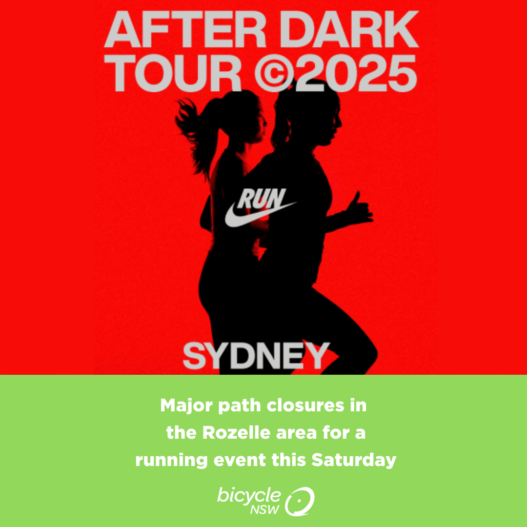 BicycleNSW's tweet photo. 🌙 Nike After Dark Tour Sydney hits the streets this Saturday, 12 April! Expect road &amp; path closures across Rozelle, Glebe &amp; Pyrmont. Plan your route: https://t.co/pWMubg4HhO
#NikeAfterDark #InnerWestCycling 🚴‍♀️🚶‍♂️   @bicyclensw @transportfornsw @nikeafterdark https://t.co/wUVE6AkKoJ