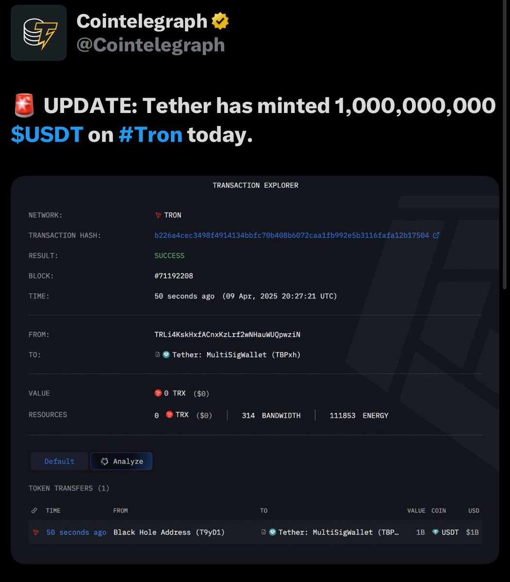 ThuanCapital's tweet photo. Tether in thêm 1 tỷ USDT trên Tron hôm nay https://t.co/GT6XHFWNie