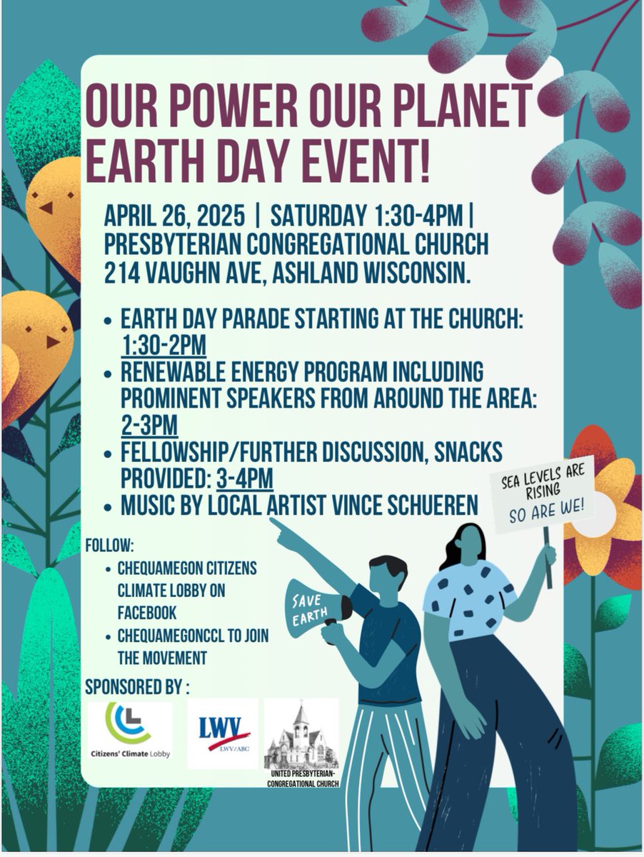 🚨Additional Earth Day Event Info (April 26):
1. Sign making at 12:30-1:15pm before the parade.
2. Line up for the parade at 1:15pm. 
3. Snacks and refreshments available during tabling/further discussion after the 2pm program!
Wear blue or green if able and let’s have some fun!