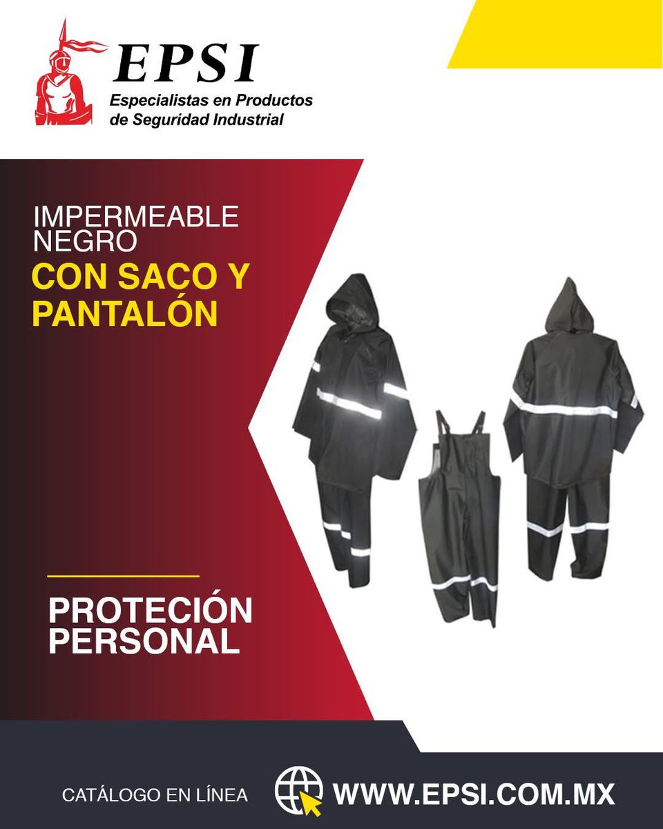 EPSI_MX's tweet photo. IMPERMEABLE NEGRO CON SACO Y PANTALÓN

Con peto y tirantes, tela de PVC con soporte de poliéster negro calibre 0.35 mm, peso 1.400 kg, tira reflejante diamantado blanco en cada pierna, antebrazos y cuerpo, broche de plástico, saco de 32" con gorro fijo y bota aguas interno https://t.co/4ygzvfdQ2i