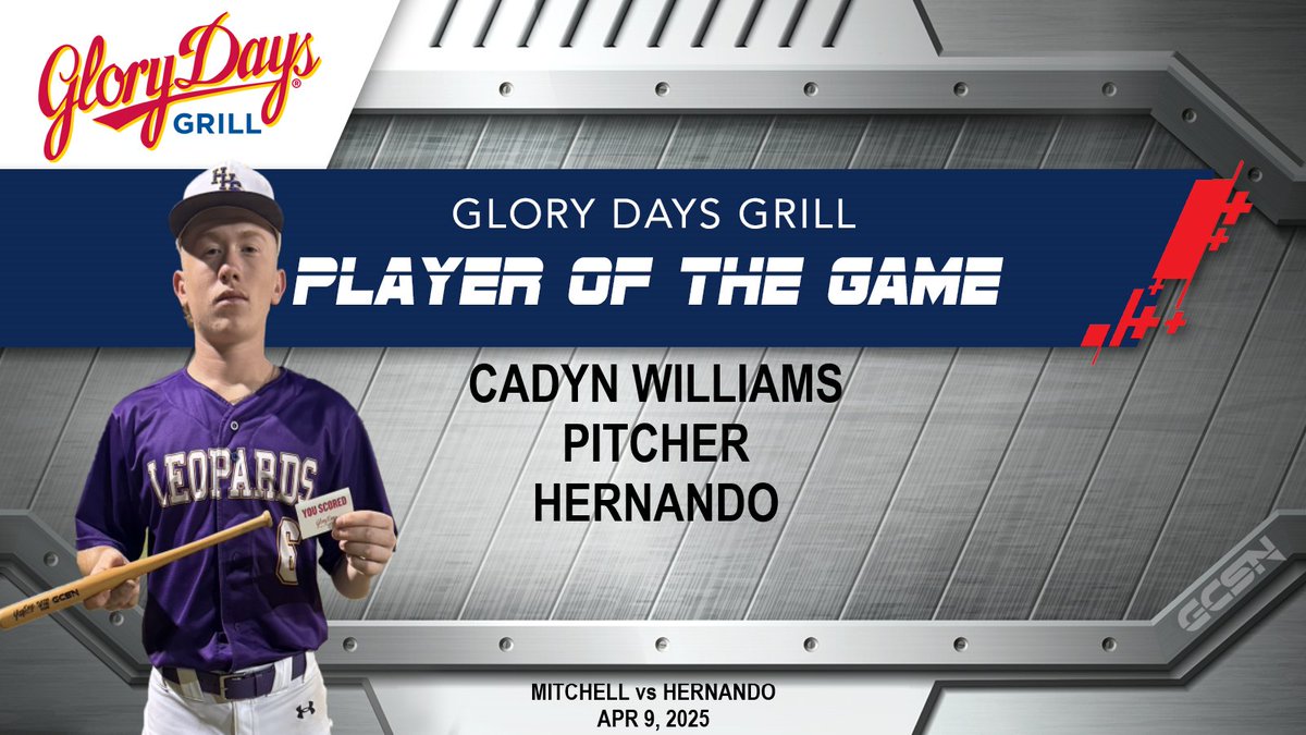 GulfCoastSportsNetwork (@gcsnbroadcasts) on Twitter photo Gulf Coast Sports Network would like to congratulate Cadyn Williams for being named the Glory Days Player of the Game on our Apr 9, 2025 broadcast! Full replay on our YT channel! @cadyn_bsbl3 <a href="/hernbaseball/">HERNANDO LEOPARDS BASEBALL</a> <a href="/leopardsath/">Hernando Athletics</a> <a href="/HernandoCo_Ath/">Hernando School District Athletics</a> <a href="/Andy_Villamarzo/">Andy Villamarzo</a> #baseball #hsbaseball Gulf Coast Sports Network would like to congratulate Cadyn Williams for being named the Glory Days Player of the Game on our Apr 9, 2025 broadcast! Full replay on our YT channel! @cadyn_bsbl3 <a href="/hernbaseball/">HERNANDO LEOPARDS BASEBALL</a> <a href="/leopardsath/">Hernando Athletics</a> <a href="/HernandoCo_Ath/">Hernando School District Athletics</a> <a href="/Andy_Villamarzo/">Andy Villamarzo</a> #baseball #hsbaseball