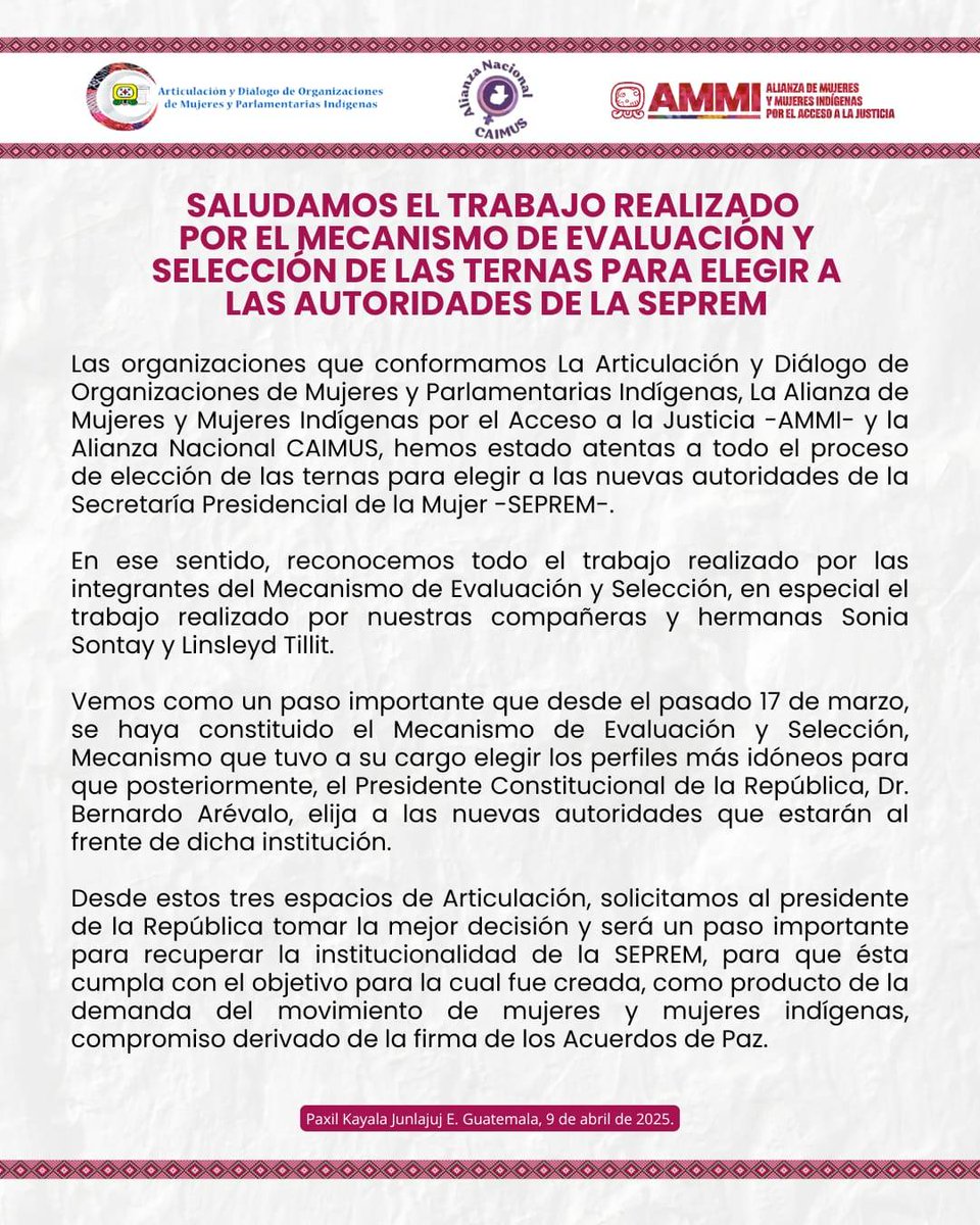 AlianzaMMI's tweet photo. #Pronunciamiento | Desde estos tres espacios de Articulación, solicitamos al Presidente de la República @BArevalodeLeon tomar la mejor decisión, que será un paso importante para recuperar la institucionalidad de la #SEPREM
#eleccionseprem
#nuncamassinnosotras https://t.co/zG3lvfOF2J
