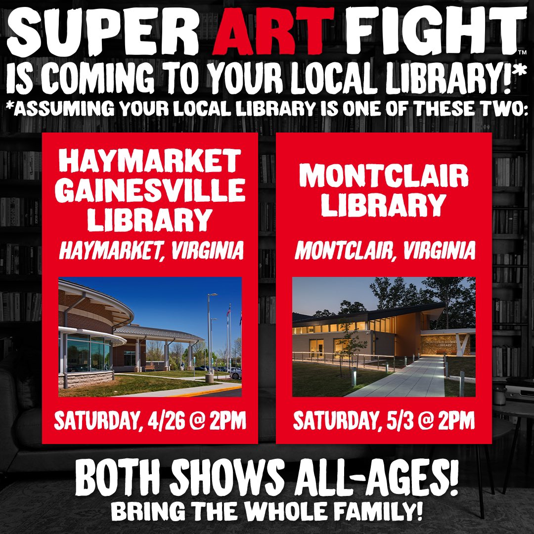SuperArtFight's tweet photo. No better announcement to make on National Library Week. 

Super Art Fight will be performing a couple of Library Shows in Northern Virginia. 

Bring the whole family and join us for some canvas chaos.

#superartfight #NationalLibraryWeek #PrinceWilliamCounty #AllAges https://t.co/l5zYwnYoUm