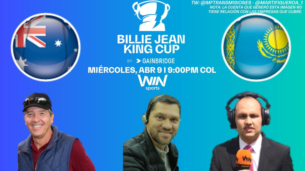 (🚨 EN VIVO)
🌎 Clasificatorias para la final de la <a href="/BJKCup/">Billie Jean King Cup</a> 2025 - Grupo D (Llave 1)

<a href="/TennisAustralia/">TennisAustralia</a> 🇦🇺 - <a href="/ktf_kz/">Kazakhstan Tennis Federation</a> 🇰🇿

Comentaristas: <a href="/JhanEFontalvo/">Jhan Fontalvo</a>, <a href="/JJMiranda15/">JJ Miranda</a> y <a href="/jesusnino05/">Jesús Niño</a>

📺: <a href="/WinSportsTV/">Win Sports</a>

📱 ¡Síguenos!