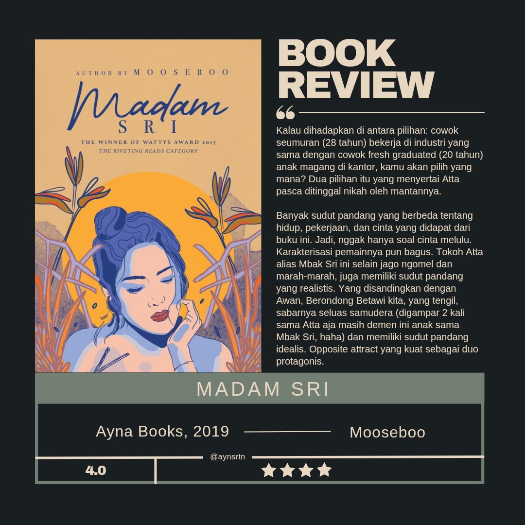 aynsrtn's tweet photo. ‌
📖 madam sri
✏️ mooseboo
🔖 4/5⭐️
📎 [https://t.co/iiaduV4afv]
‌ https://t.co/D64MiQqBXy