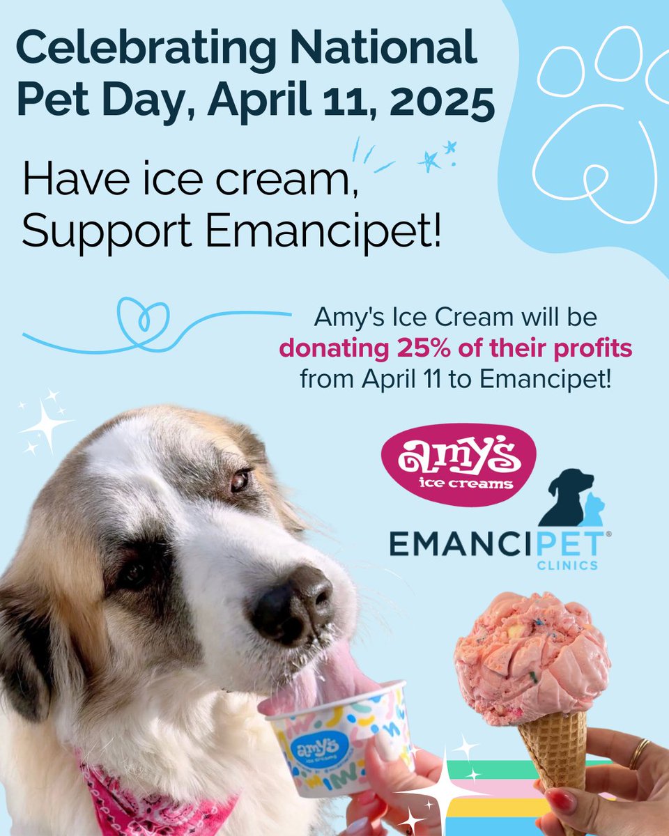 emancipet's tweet photo. We have teamed up w/@AmysIceCreams to celebrate #NationalPetDay on Friday, April 11! Buy delicious ice cream/pup cups: 25% of profits will be donated back to Emancipet to help us fulfill our mission of providing low-cost vet care! Find a location near you: https://t.co/CabVmDns1B https://t.co/GKk403QM7M