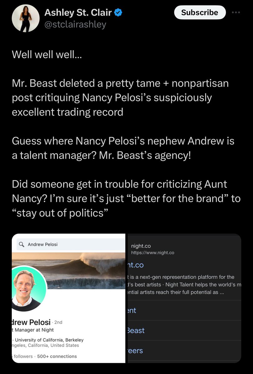 WallStreetApes's tweet photo. @IanCarrollShow For reference: Mr Beast is very tied into and controlled by the Nancy Pelosi family https://t.co/qARU75EMNB