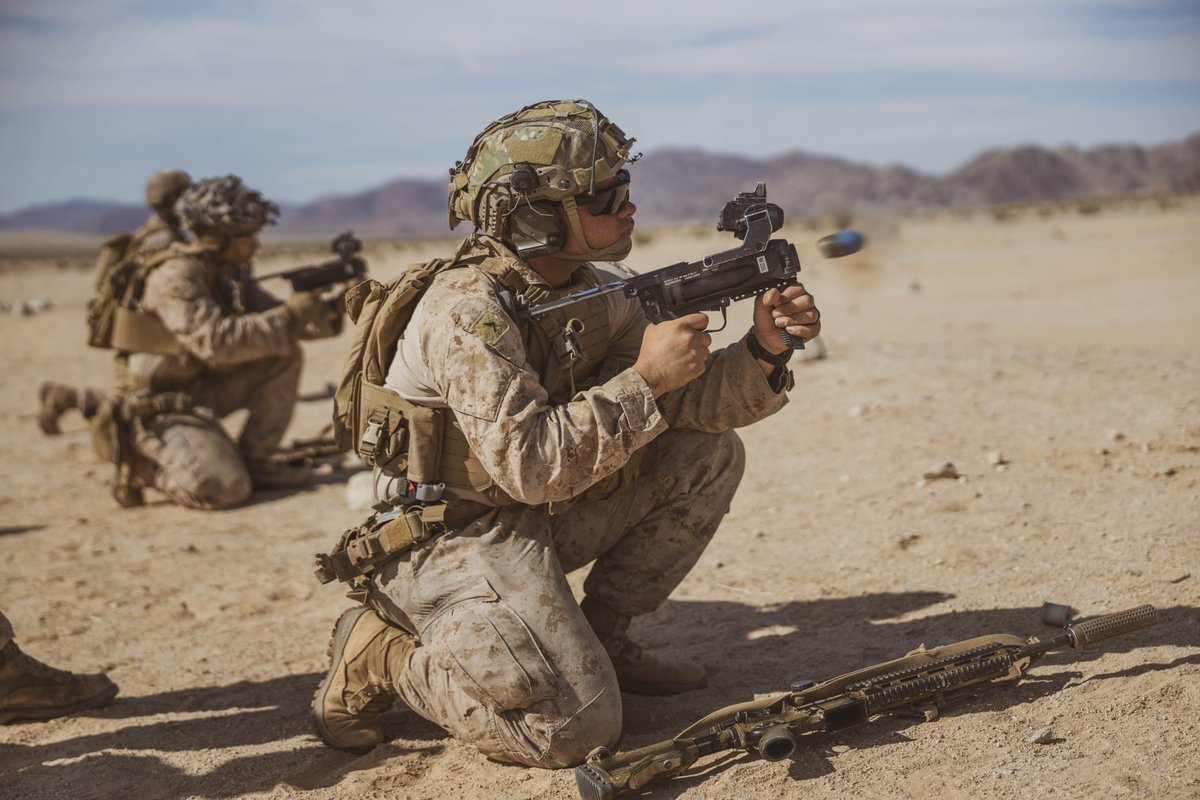 USMC's tweet photo. #Marines with @2dMarDiv carry out live-fire squad attacks during Service Level Training Exercise (SLTE) 2-25 at @MCAGCC29Palms. 

#SLTE enhances lethality and prepares units to fight in any climate and place. 

#USMC https://t.co/qwAU1Azq9f