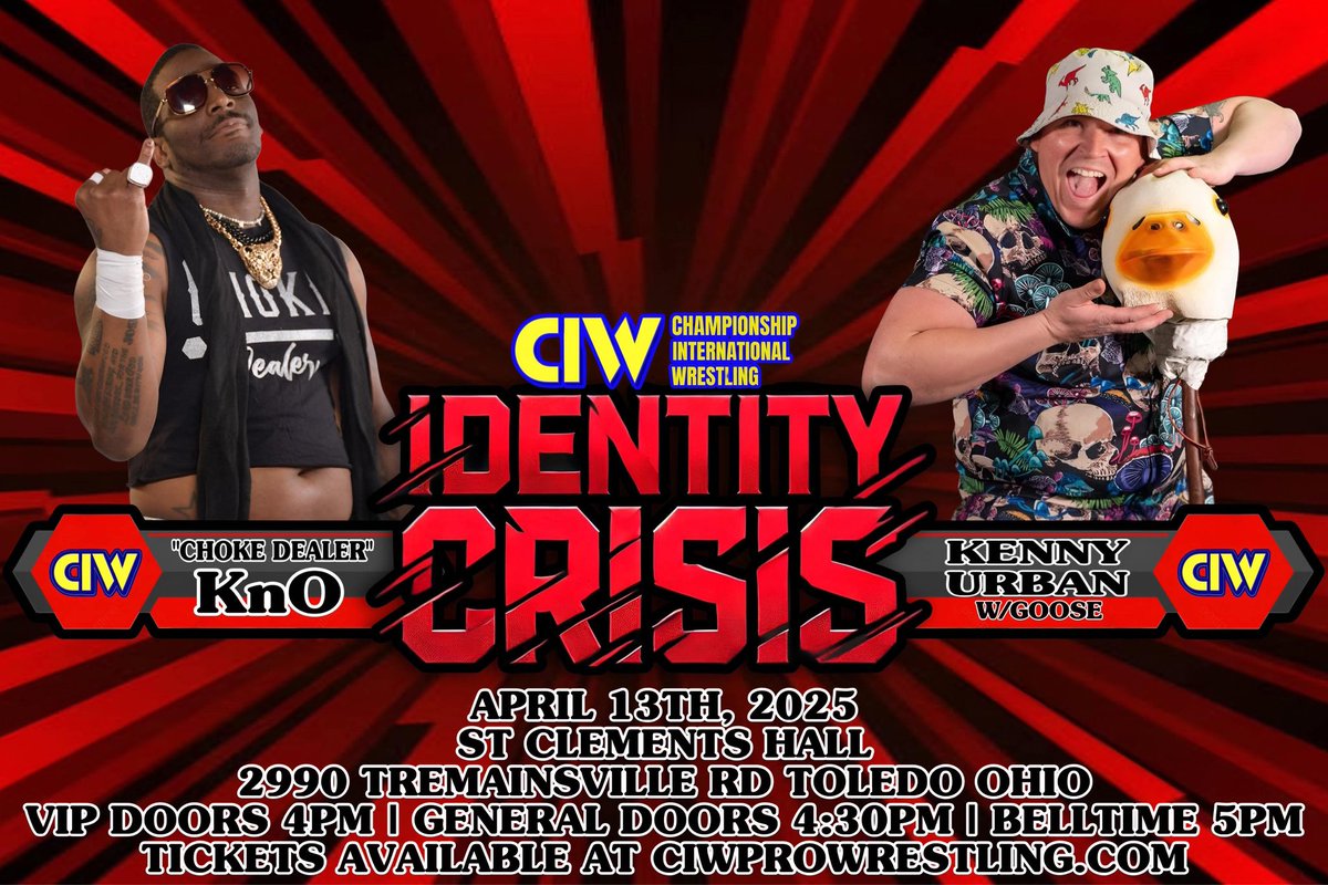 This Saturday, April 13th — Identity Crisis hits St. Clement’s Hall in Toledo, OH! Don’t miss the action. #CIW #ProWrestling #Toledo