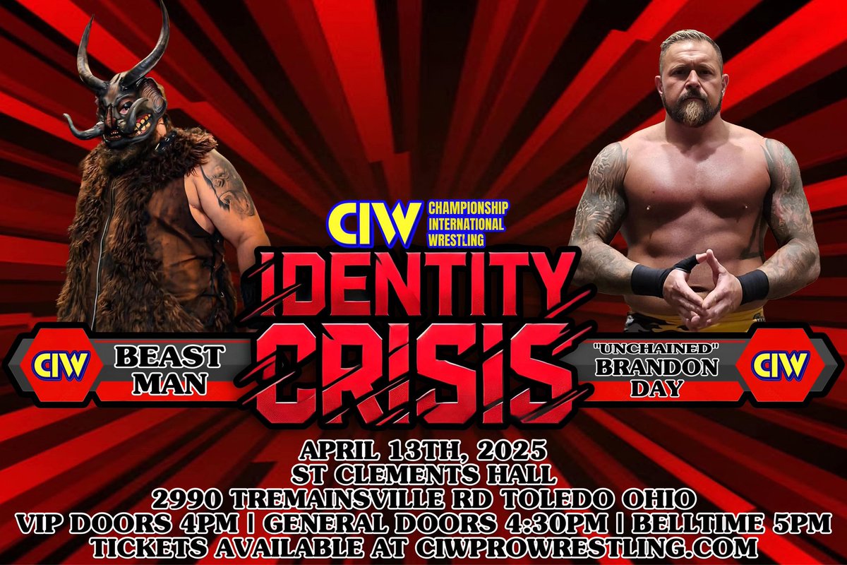 CIWforever's tweet photo. This Saturday, April 13th — Identity Crisis hits St. Clement’s Hall in Toledo, OH! Don’t miss the action. #CIW #ProWrestling #Toledo https://t.co/kX7muwnzoJ