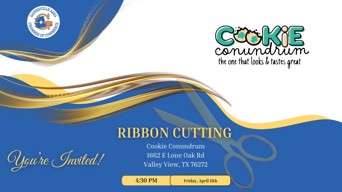GainesvilleCofC's tweet image. You're in for a sweet treat when you join us for our ribbon cutting with TX Cookie Conundrum this Friday! Come see their new shop and discover where all the goodies can be found! ✂️

#customcookies #desserts #ribboncutting