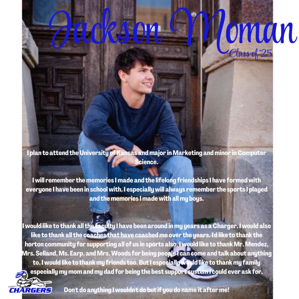 USD430's tweet photo. Senior Spotlight -- Jackson Moman 

#chargers2025 #seniorspotlight #hhs #chargedupforthefuture #chargeon https://t.co/AJql956joT