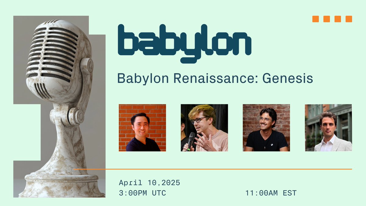 babylonlabs_io's tweet photo. Bitcoin Renaissance: Genesis

🎙️ Babylon Genesis goes live.

We're marking the moment with a livestream featuring some of the sharpest minds building in BTC:

🟠 @union_build 
🟠 @satlayer 
🟠 @Lombard_Finance 
🟠 @Tower 

Tune in tomorrow at 11:00AM EST!

🔗https://t.co/BudUOCXCfi