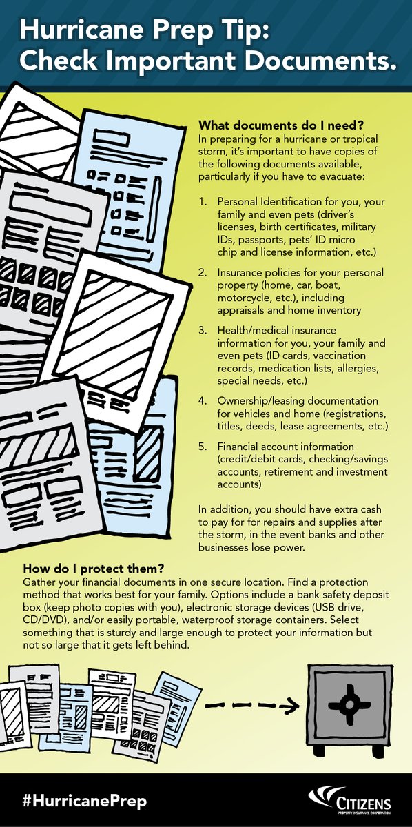 citizens_fla's tweet image. #CheckYourPrep: Do you have a central storage location for all of your important household documents? Follow these #PrepTips to review your document storage and #BeReady year-round. #CitizensIsReady
