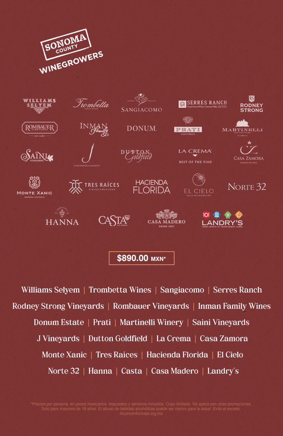 ThePalmMx's tweet photo. Si eres amante del buen vino, te interesa leer esto 👇🍷

Más de 20 bodegas de Sonoma County llegan a The Palm con una degustación exclusiva de sus mejores etiquetas.

25 de abril | 17:00 a 21:00 hrs
Cupo limitado. Reserva al 55 5327 7762 https://t.co/b1XQpVXxmM