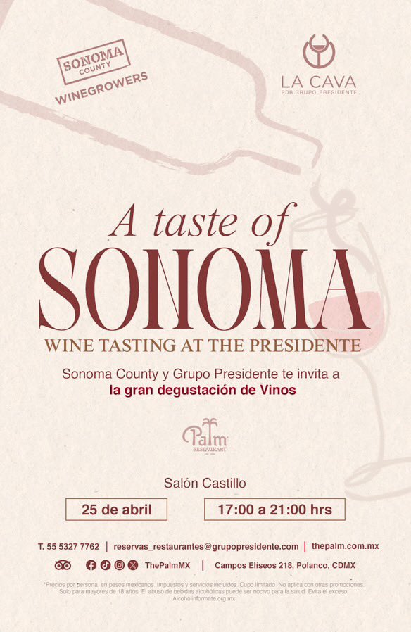 ThePalmMx's tweet photo. Si eres amante del buen vino, te interesa leer esto 👇🍷

Más de 20 bodegas de Sonoma County llegan a The Palm con una degustación exclusiva de sus mejores etiquetas.

25 de abril | 17:00 a 21:00 hrs
Cupo limitado. Reserva al 55 5327 7762 https://t.co/b1XQpVXxmM