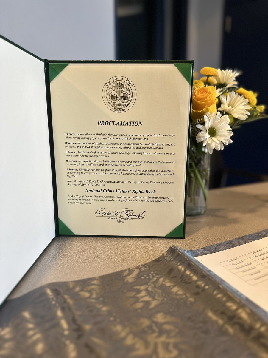 Thank you Governor Matt Meyer and Mayor Robin R. Christiansen for recognizing National Crime Victims’
Rights Week.

We are grateful for our Victim Service Coordinators Casey Wilson and Danielle Martin. 

Delaware Victims' Rights Task Force
