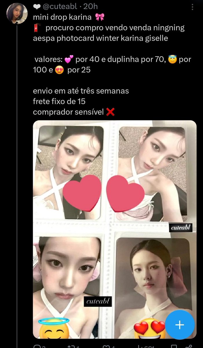 iambtscoded's tweet photo. CUIDADO COM ESSE PERFIL‼️ @/cuteabl
ela está postando cards a venda e quando pede vídeo ela inventa desculpa ou manda vídeo de 1/2 segundos!!!! https://t.co/8WcsRQf1OB