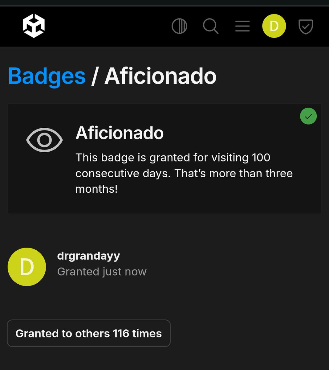 grandayy's tweet image. I have apparently visited the Unity forums for 100 consecutive days, a feat only 116 other insane people have done.