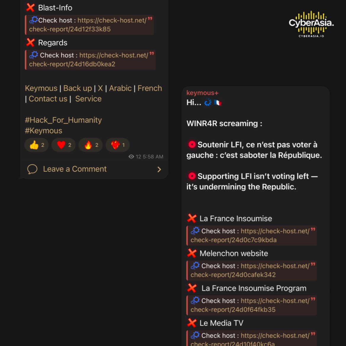 cyberasia_io's tweet photo. 🚨 DDoS Alert 🚨

Hacktivist group Keymous has launched a DDoS attack on several French political and media websites, including La France Insoumise and Le Media, under the campaign Hack For Humanity.

#CyberAttack #DDoS #Keymous #HackForHumanity #InfoSec #HackerNews #CyberAsia https://t.co/govPkLOJMN