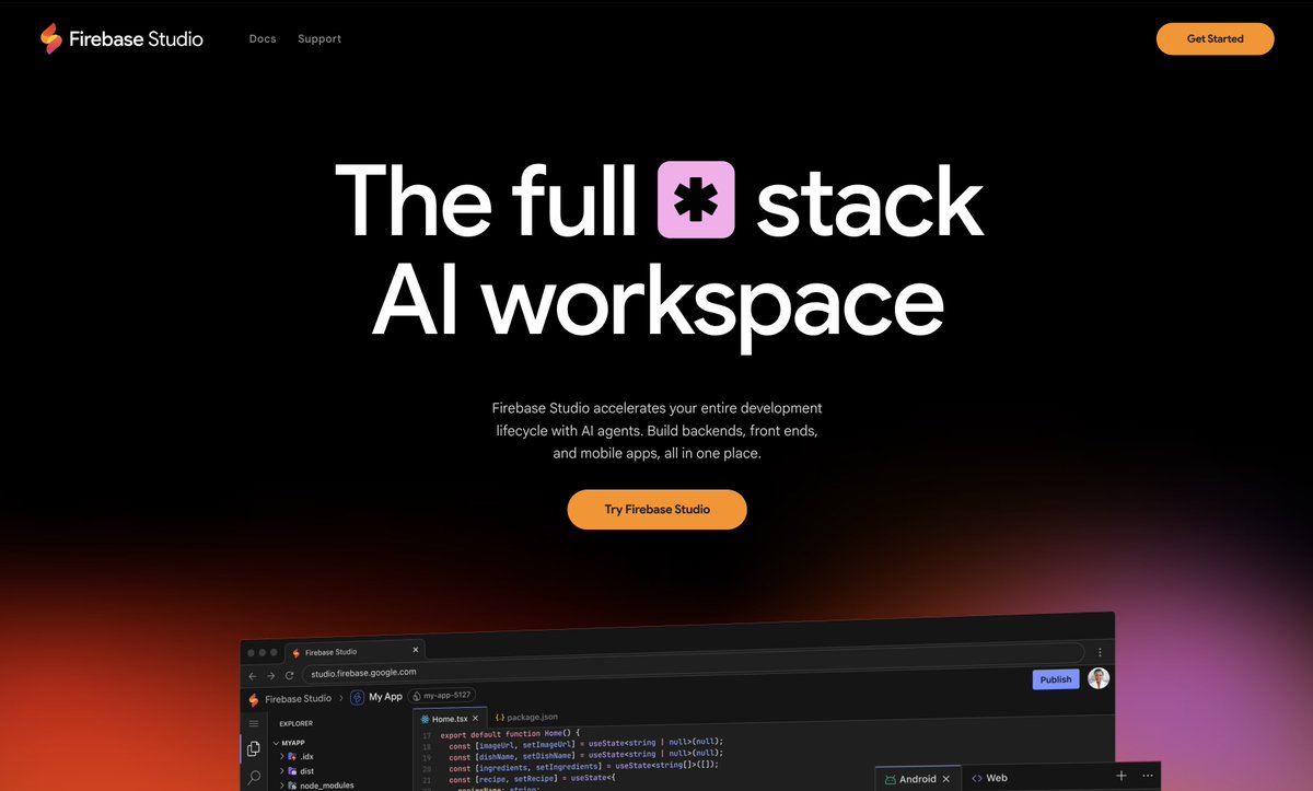 maclevison's tweet photo. 🚀 Firebase Studio is live!
A new tool from Google that accelerates your entire development lifecycle with AI agents.

Build backends, frontends, and mobile apps — all in one place.

👉 https://t.co/0aE8y7iInE
#Firebase #AI #DevTools #Google https://t.co/T3H8TKT4od