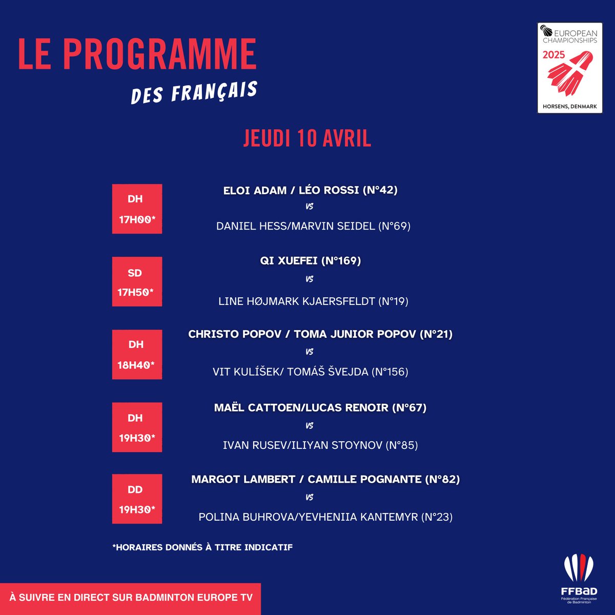 FFBaD's tweet photo. C'est reparti 🚀

Découvrez le programme des Français 🇫🇷 pour ce troisième jour des #ChampionnatsdEurope 👀

📺 En direct sur Badminton Europe TV

#europeanchampionships #badminton #ffbad #ec2025 #badmintonlovers https://t.co/eeClDZD4yq