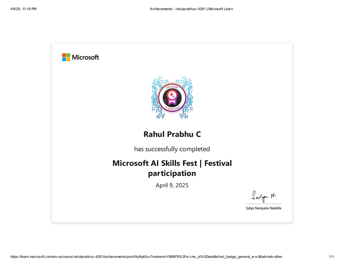 xxprabhu's tweet photo. I earned my "Microsoft AI Skills Fest | Festival participation" badge! @MicrosoftLearn

 https://t.co/wUXOwpTmlF #MSLearnBadge https://t.co/eUBQgziGMi