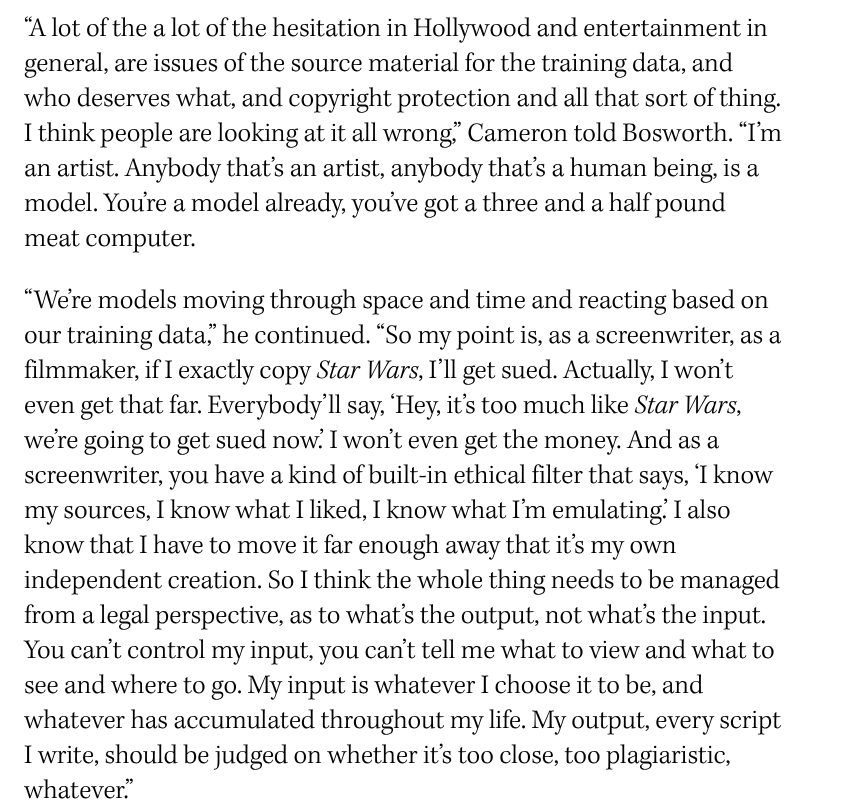 Filmmaker James Cameron with simple, cogent advice for the AI copyfight - focus on outputs, not training inputs.