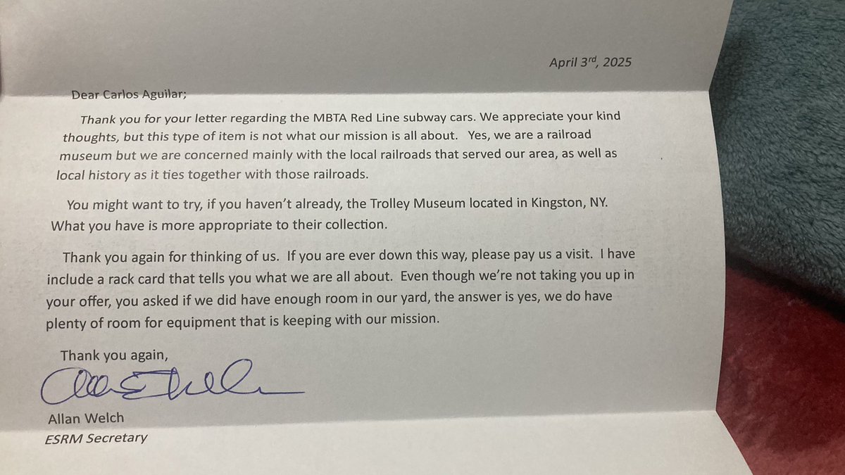 I received a response back from the Empire State Railway Museum (Phoenicia, New York).

Unfortunately, they will not be acquiring a pair of an old <a href="/MBTA/">MBTA</a> Red Line subway train for preservation.

They also said to try the <a href="/trolleymuseumny/">Trolley Museum of NY</a>. Oh wait, recently, they also said “No”.