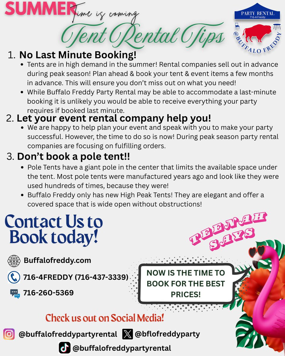 We are starting to take calls for everyone's summer events so we thought it would be a good idea to share some Tent Rental Tips!

Check out what we have to offer: buffalofreddy.com/category/tent_…

And please don't hesitate to call!
716-4FREDDY (716-437-3 3 3 9)