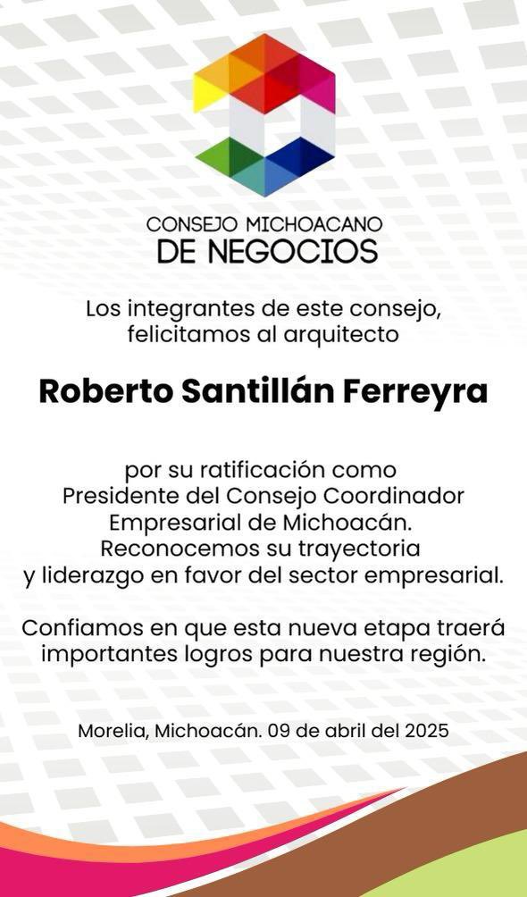 consejomn's tweet photo. Felicitamos al Arq. Roberto Santillan Ferreyra por su ratificación como Presidente del Consejo Coordinador Empresarial. En hora buena! https://t.co/xu6NxtEJoa