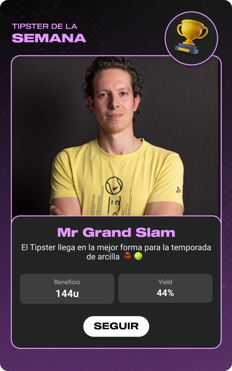 ⭐️ Tipster de la Semana

🎁 Celebramos con TRANSPARENCIA Quinienton $500 💰 

Por segundo mes consecutivo, seguimos en el Prime

🚀 +144% Utilidad
🚀 +44% Yield

PROMO PREMIUM -70% 

Sólo Hoy:
🗣️ tipsterchat.com/premium/MrGran…

Deja tu ❤️🔁 para participar por $500