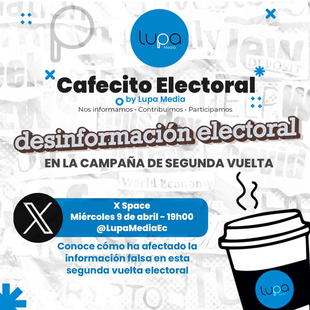 LupaMediaEC's tweet photo. 🗳️ Hoy a partir de las 19h nos encontramos de nuevo en un XSpace para hablar claro sobre lo que se viene en estas elecciones #13A🧠⚠️

Desinformación, promesas vacías y planes de campaña... Nuestros amigos de @FARO_org nos acompañarán para analizar los planes de campaña de los candidatos y conversaremos sobre las estrategias de manipulación que registramos. 

Prepárate para votar con criterio este 13 de abril.

🎙️ ¡No te lo pierdas! Nos encontramos a partir de las 19h: https://t.co/dvUOIb9QIX

#Elecciones2025 #XSpace