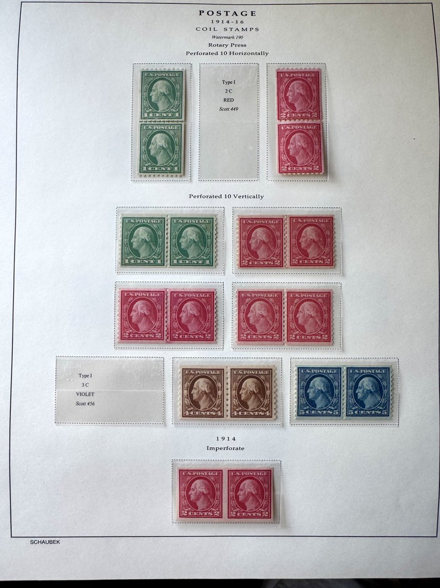 New pick up for Washington Franklin issues. Scott # 459 - 2 cent carmine imperforate with single line watermark - issue of 1914. Estimate issue of 21,000 with only 1,500 stamps estimated to have been saved by collectors. Used examples are rare. Had it not been for the Washington