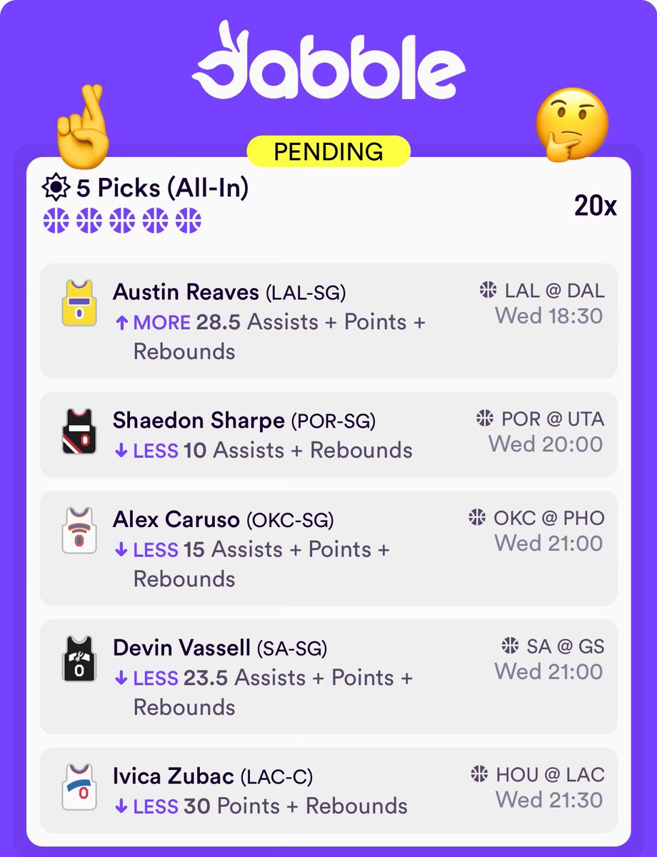 BoysOnTheBench's tweet photo. 🔒 20X NBA DABBLE SLIP 🔒 

EV: +++
Sweat Level: 🌶️ 🌶️ 🌶️ 

🔥🔥🔥 Pulled from the @DGFantasy Optimizer Tool 

Tail NOW 👇
https://t.co/nGt5uDuZkg

#Dabble #NBAPicks #Xgambling https://t.co/Ft4tV86gwT