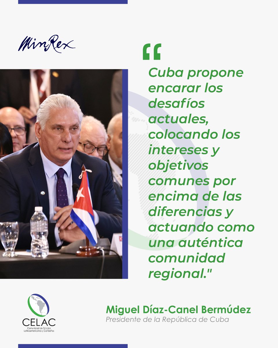.<a href="/DiazCanelB/">Miguel Díaz-Canel Bermúdez</a> | "Resulta crucial unir esfuerzos y trabajar juntos por el bienestar, la paz y la seguridad de nuestros pueblos."

📍IX Cumbre de Jefes de Estado y de Gobierno de la #CELAC.

#UnidosPorLaPatriaGrande