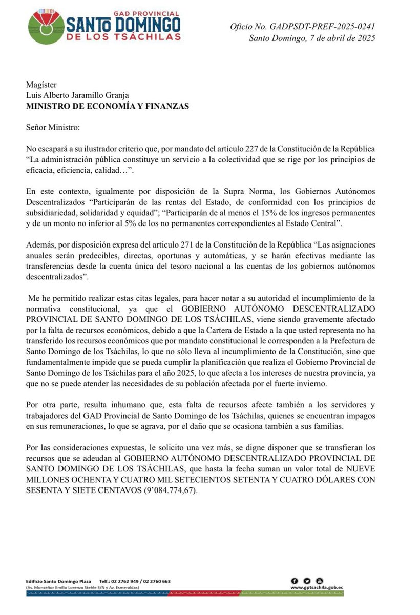 johanaprefecta's tweet photo. ACLARACIÓN ….. En vista que están dando a conocer en algunos medios de Comunicación que nos han pagado a los GAD. Como Prefecta de Santo Domingo de los Tsáchilas, doy a conocer  que a nosotros no nos han asignado absolutamente un dólar. Seguimos con los funcionarios impagos por falta de recursos con la maquinaria dañada en su mayoría,  que deberían estar atendiendo la zona rural..Solicitamos una vez más al Ministerio de Finanzas cumpla con su responsabilidad. @FinanzasEc