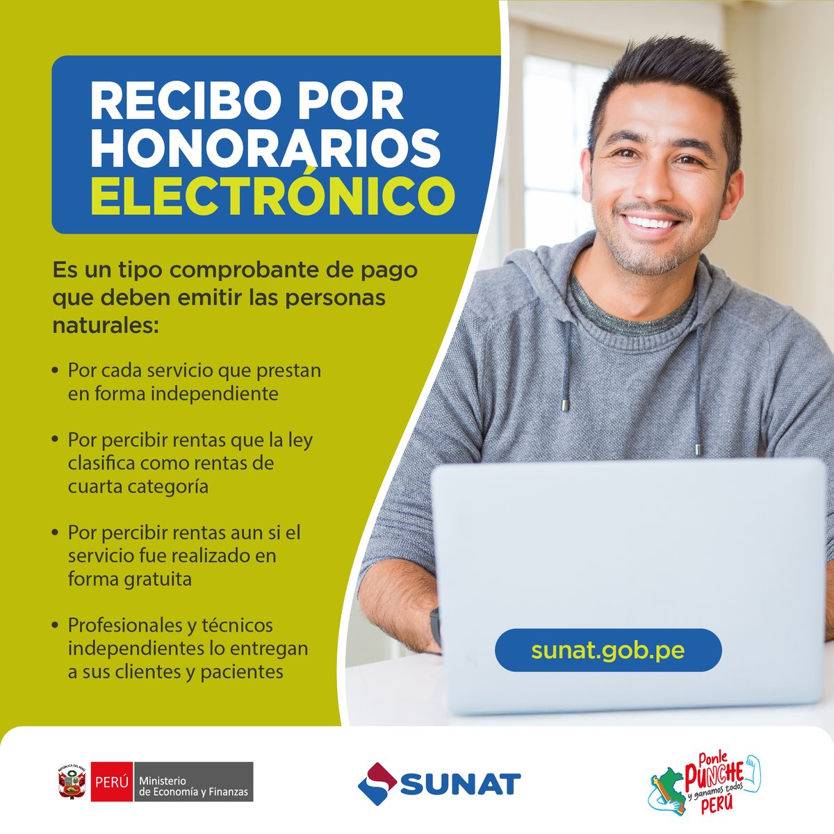 SUNATOficial's tweet photo. 📣 ¿Sabes quiénes deben emitir recibos por honorarios electrónicos?
Recuerda que puedes realizarlo desde la #AppPersonas 📲 o #SunatVirtual 💻
Infórmate más, aquí ➡️ https://t.co/z450KONBfC y ¡pasa la voz! https://t.co/Fa2OzDeI0o