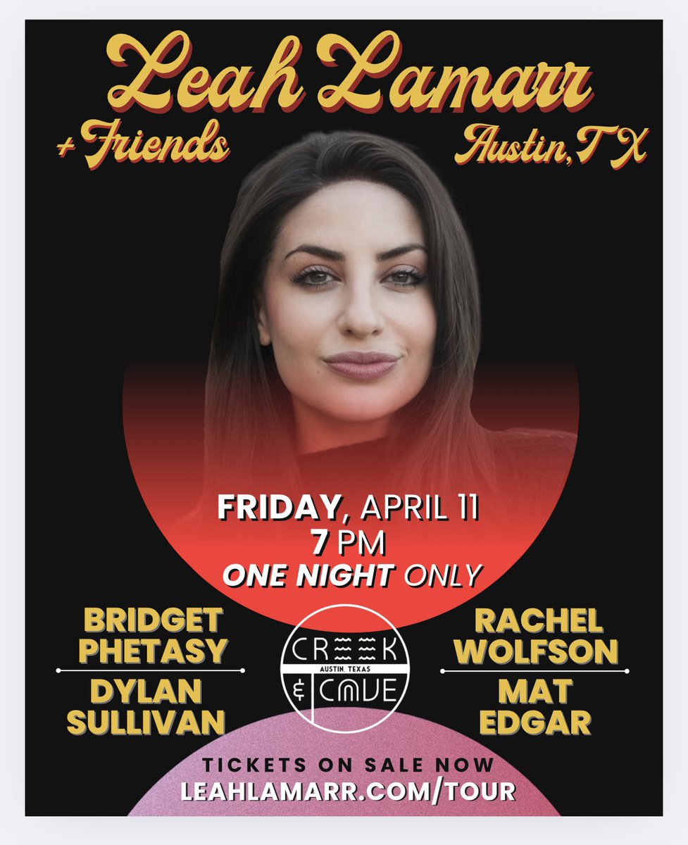 AUSTIN! I’m in town for one night only! THIS FRIDAY at 7pm <a href="/creekandcave/">Creek and Cave</a>! Come see me and my hilarious friends! 

<a href="/BridgetPhetasy/">Bridget Phetasy</a> <a href="/wolfiecomedy/">not rachel wolfson 🐺</a> <a href="/dylansullivan_/">Dylan Sullivan</a> <a href="/matedgar/">The Edge</a> and more!

creekandcave.com/events/leahlam…