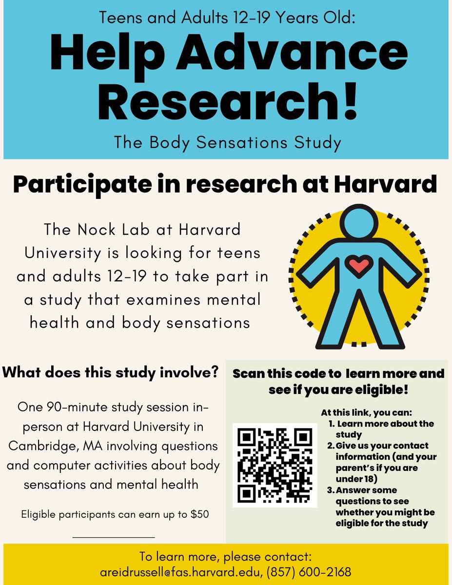 Boston area young adults and parents of teens: 

Help us learn about mental health and body sensations in young people! We're recruiting for an in-person study - please share widely!

Learn more here:
harvard.az1.qualtrics.com/jfe/form/SV_0G…