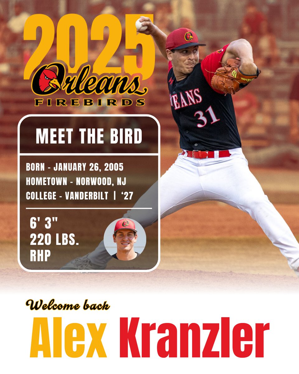 Orleans Firebirds (@firebirdsccbl) on Twitter photo From the hills of Norwood, NJ, and the powerhouse program at Vanderbilt, Alex Kranzler is set to light up the Cape. Welcome back to Orleans, Alex! Go Birds!
<a href="/KranzlerAlex/">Alex Kranzler</a>
<a href="/VandyBoys/">Vanderbilt Baseball</a> From the hills of Norwood, NJ, and the powerhouse program at Vanderbilt, Alex Kranzler is set to light up the Cape. Welcome back to Orleans, Alex! Go Birds!
<a href="/KranzlerAlex/">Alex Kranzler</a>
<a href="/VandyBoys/">Vanderbilt Baseball</a>