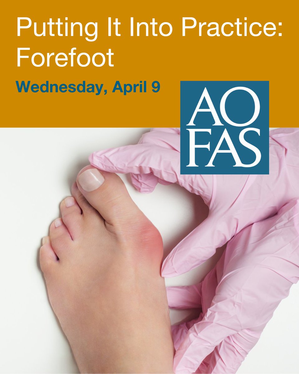 AOFAS's tweet photo. Webinar tonight! Join us for a FREE webinar on the forefoot. Topics include operative and non-operative treatment for bunions, lesser toe deformities, nail care, and orthotics for bunions and metatarsalgia.
Learn more: https://t.co/J9No85j8bc
#Orthopaedics #Forefoot https://t.co/c6eArU41Xe