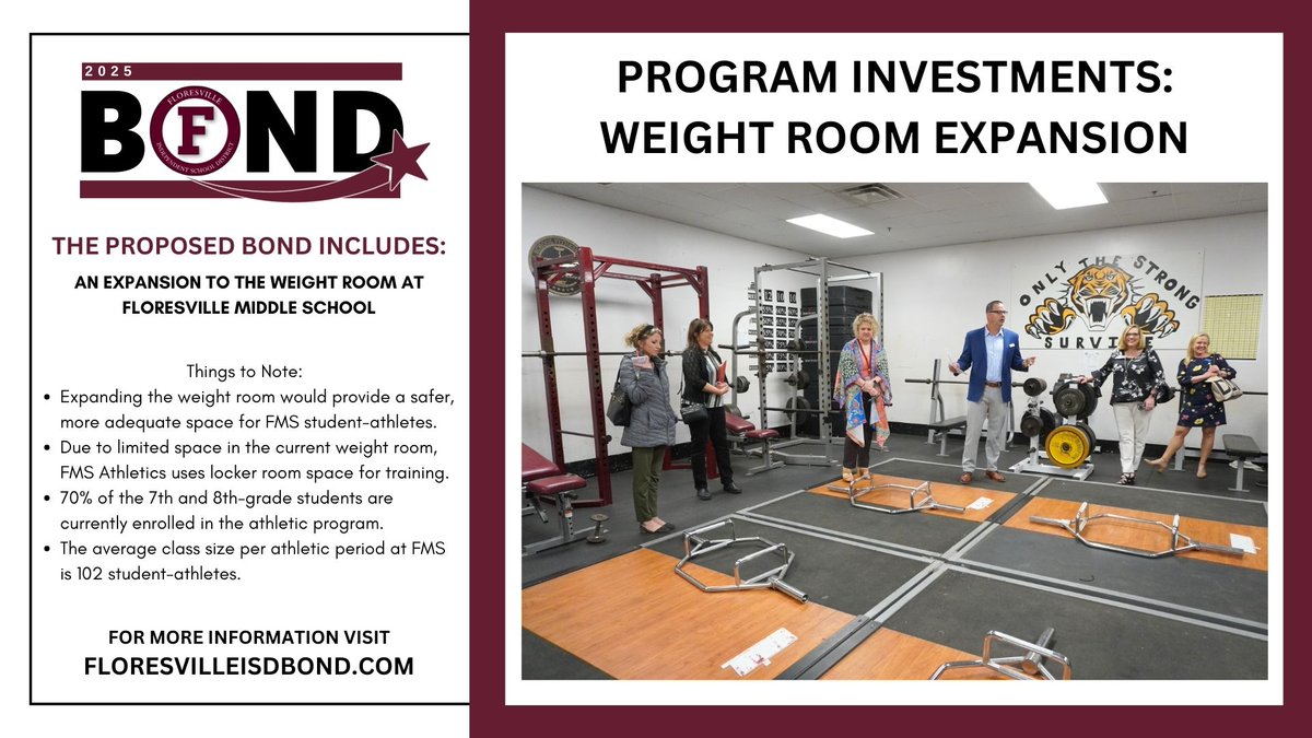 FloresvilleISD's tweet photo. The bond proposal includes a weight room expansion at FMS, which would help alleviate capacity constraints and provide more space for student-athletes.

Early Voting is April 22-29. Voting will take place at the Wilson County Elections Office. Learn more: https://t.co/3oHnVtXXDU https://t.co/AH4sZkdtRh
