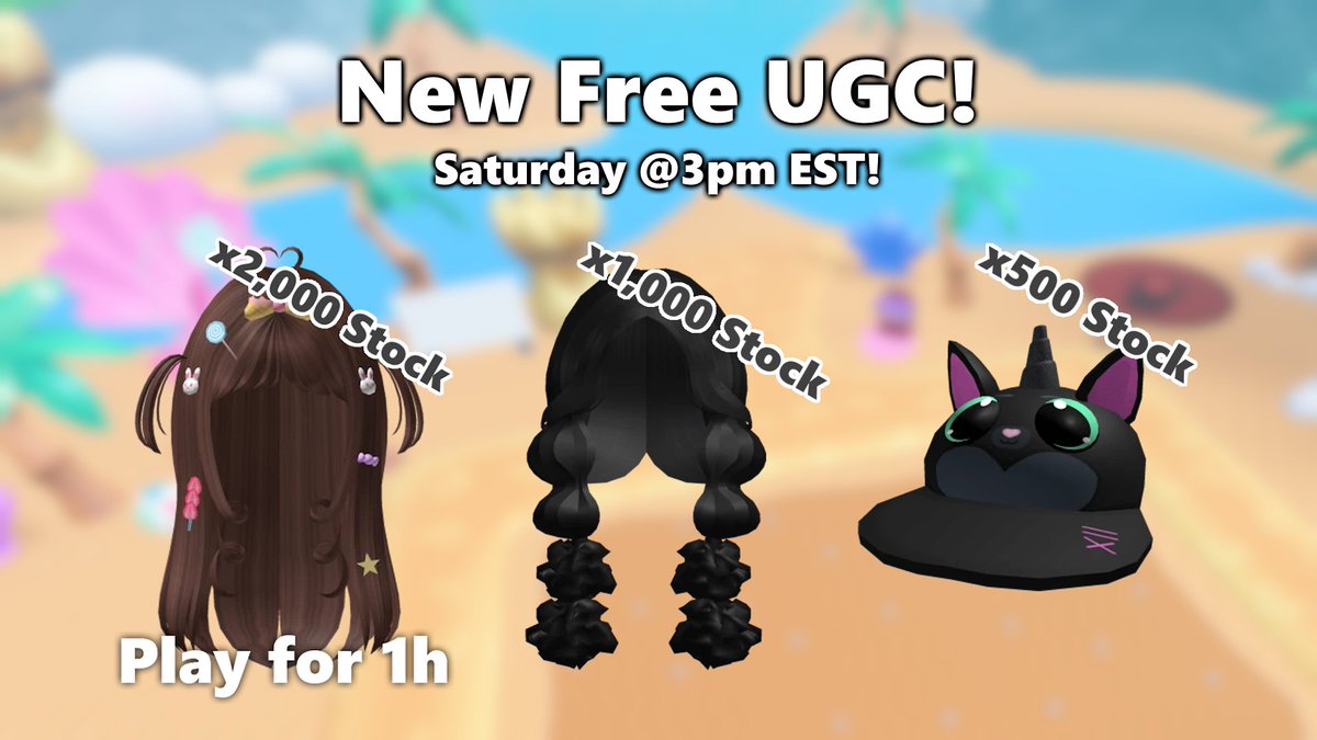 #Rainbocorns Free UGC Drop Saturday at 3pm EST!
- 🤎 Curly Brown Cute Candy Sweetheart Street Hair [2,000 Stock]
- 🖤 Jolly Fluffy Long Pigtails in Black [1,000 Stock]
- 💜 Kittycorn Lucky Baseball Head Cap [500 Stock]

#RobloxDev #ROBLOX #RobloxUGC #RobloxUGCLimited