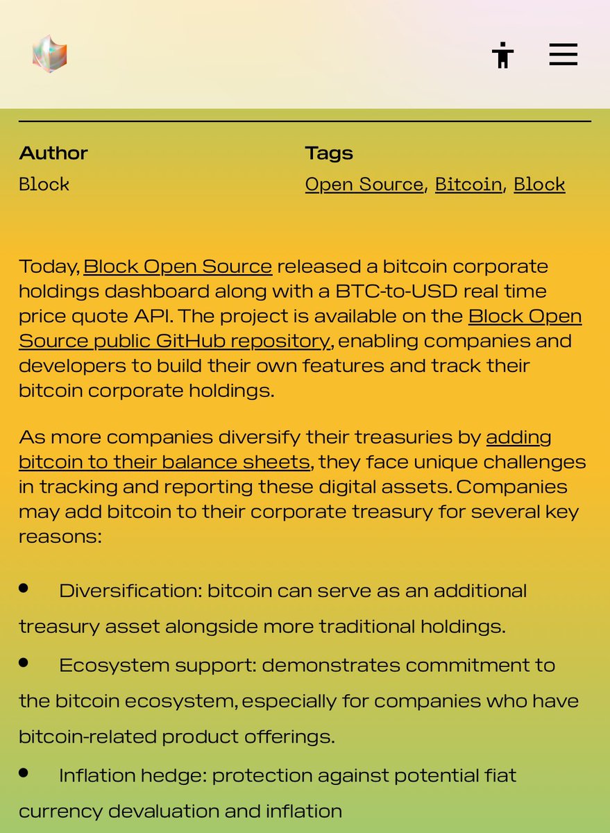 The $30 billion public company founded by Jack Dorsey, @Blocks just  released an open-source dashboard to make Bitcoin more accessible and  transparent for corporate treasuries, helping lower the operational  barriers for companies