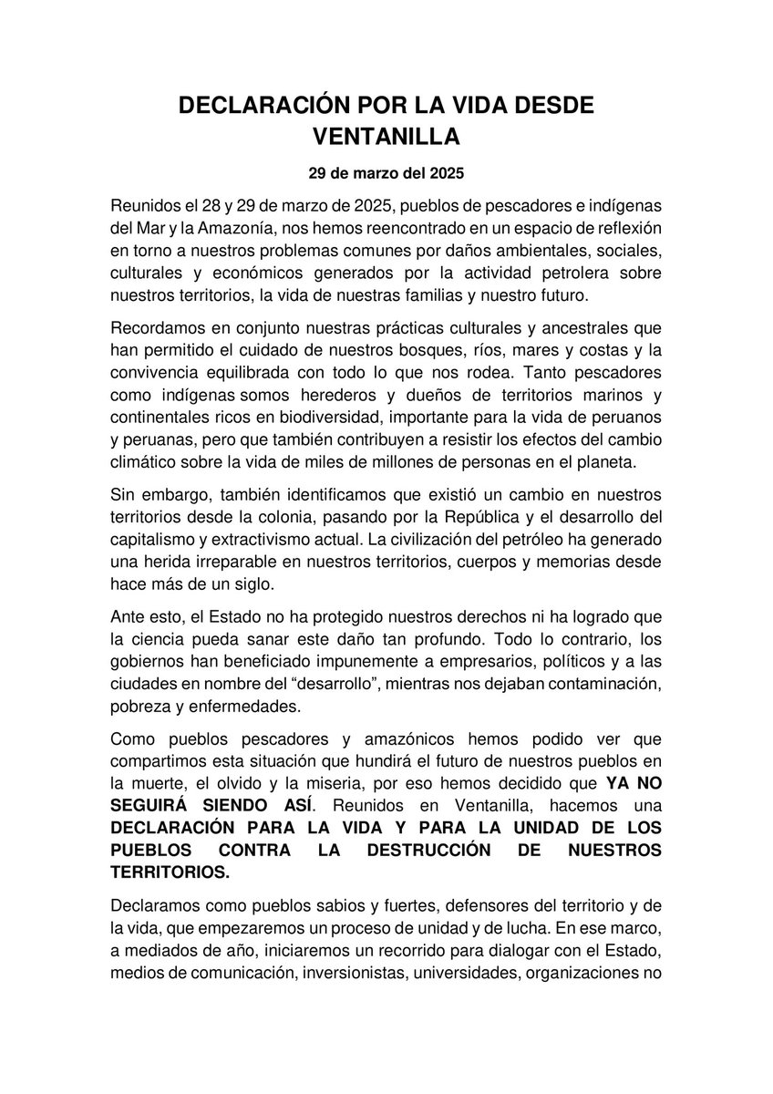 4cuencas's tweet photo. 📣 Declaración de gremios de pescadores, federaciones y autogobiernos indígenas tras la asamblea de #MarAmazonía el 29 de marzo. 

Organizaciones anuncian unidad y acciones para proteger sus vidas y territorios de la contaminación petrolera en la #Costa y #Amazonía peruana👇🏾 https://t.co/RWy2K579AT