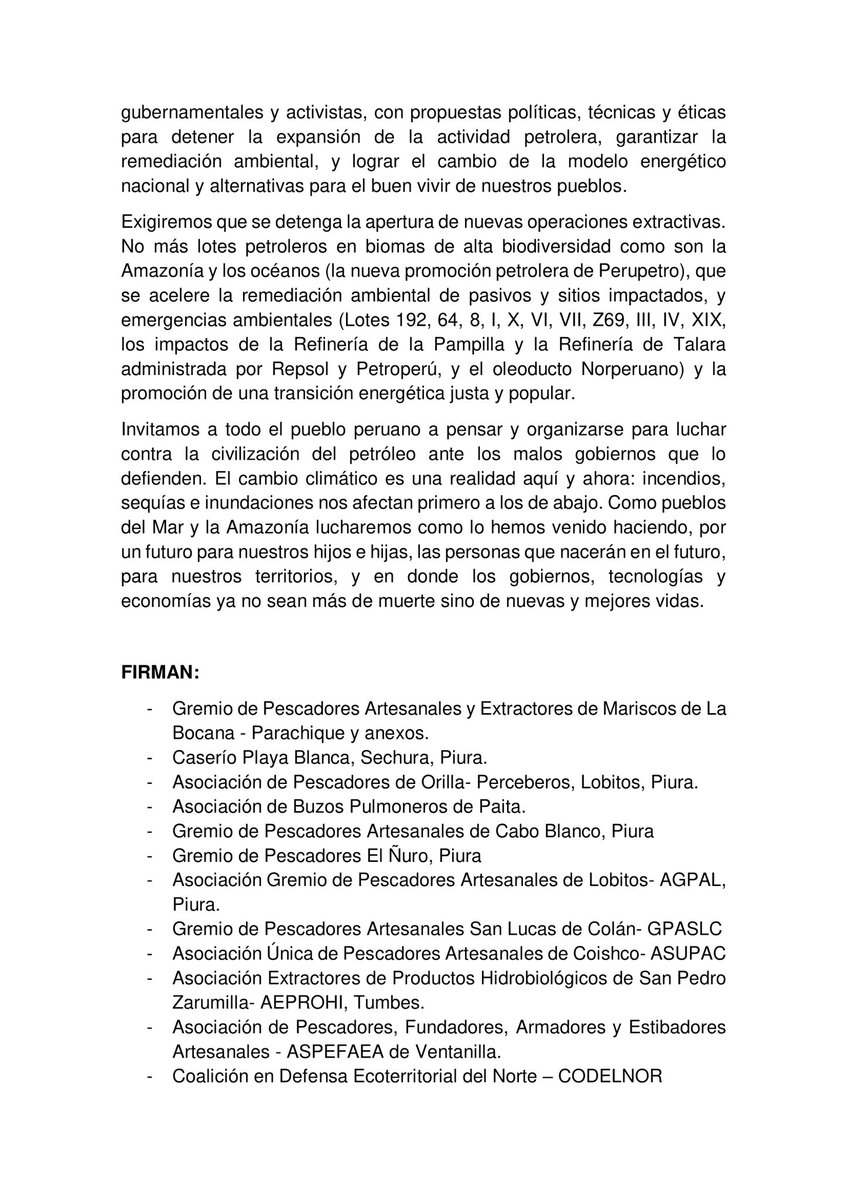 4cuencas's tweet photo. 📣 Declaración de gremios de pescadores, federaciones y autogobiernos indígenas tras la asamblea de #MarAmazonía el 29 de marzo. 

Organizaciones anuncian unidad y acciones para proteger sus vidas y territorios de la contaminación petrolera en la #Costa y #Amazonía peruana👇🏾 https://t.co/RWy2K579AT