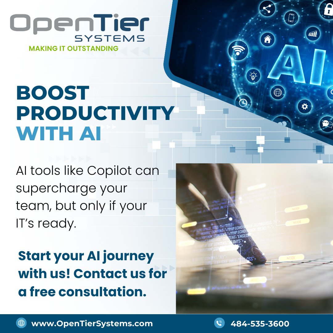 OpenTierSystems's tweet photo. AI tools like Copilot can supercharge your team, but only if your IT’s ready. 

Open Tier Systems helps businesses integrate AI for better workflows and results. Unlock AI’s potential – contact us! https://t.co/SP4on0Zb3v

#OpenTierSystems #CopilotReady #BusinessTech https://t.co/4R8O6iK4dS